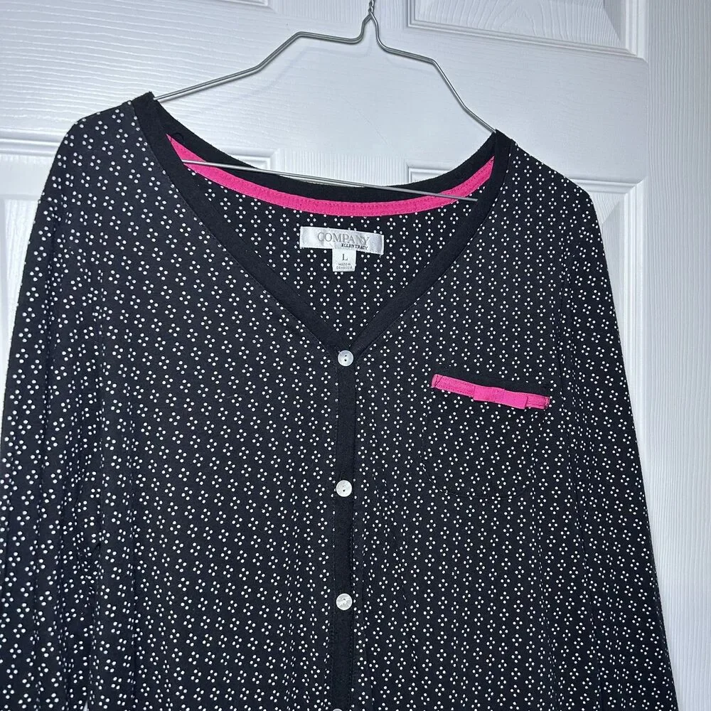 Company Ellen Tracy Pajama Top Women's Large Black Polka Dot Button Long Sleeve